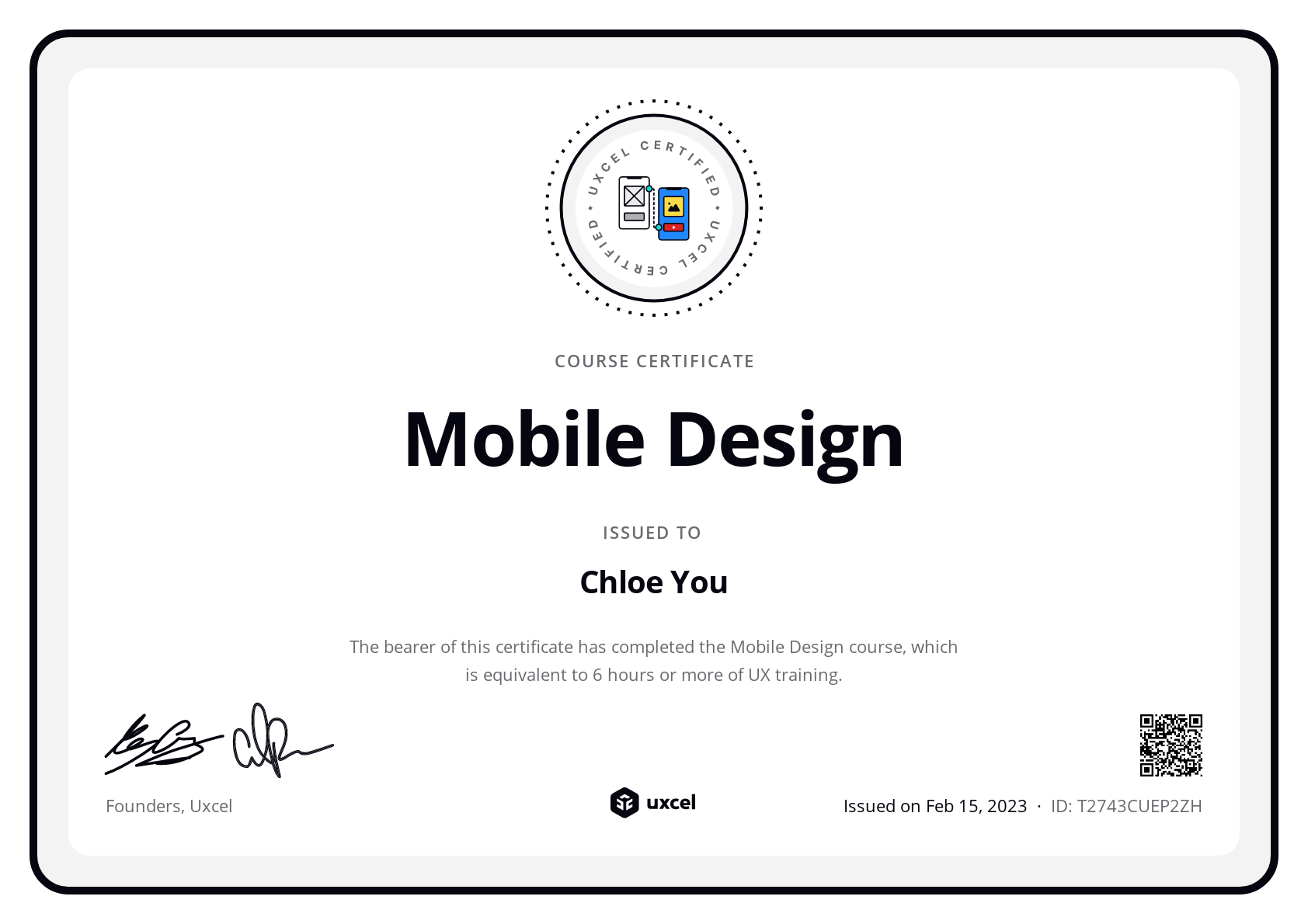 Chloe You's certificate